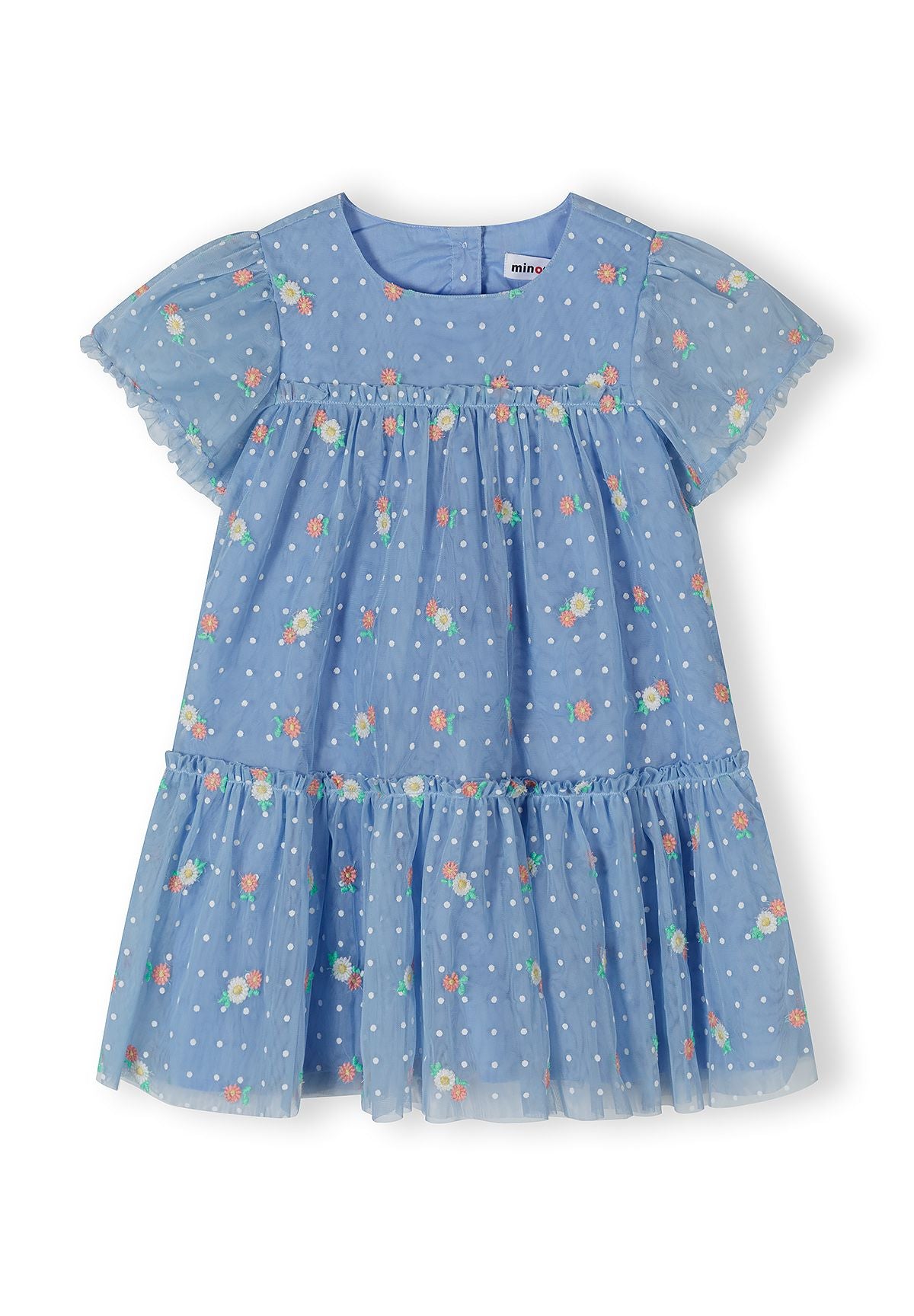 Girls blue embroidered tulle dress with short sleeves and tiered skirt, front view.