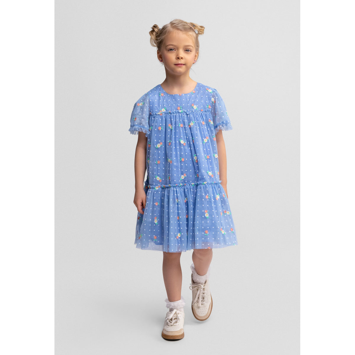 Girls' tiered floral dress in light blue — complete product view for square Shop card