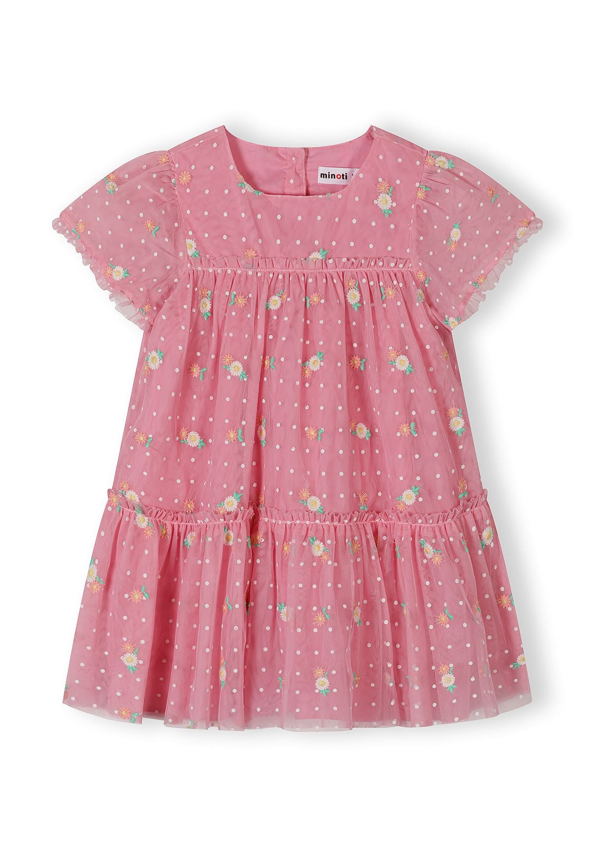 Girls pink floral embroidered tulle dress, short sleeves, back button closure.