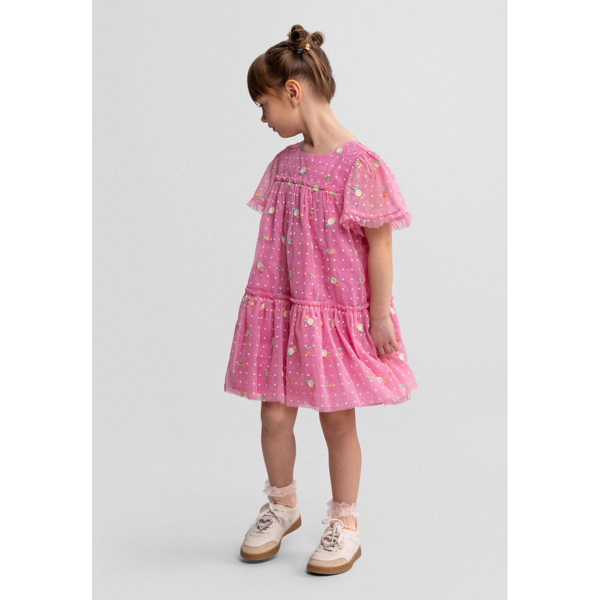 Girls' tiered floral dress in pink — complete product view for square Shop card