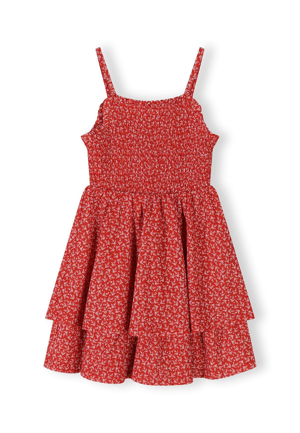 Girls red floral sleeveless summer dress with adjustable straps, front view.