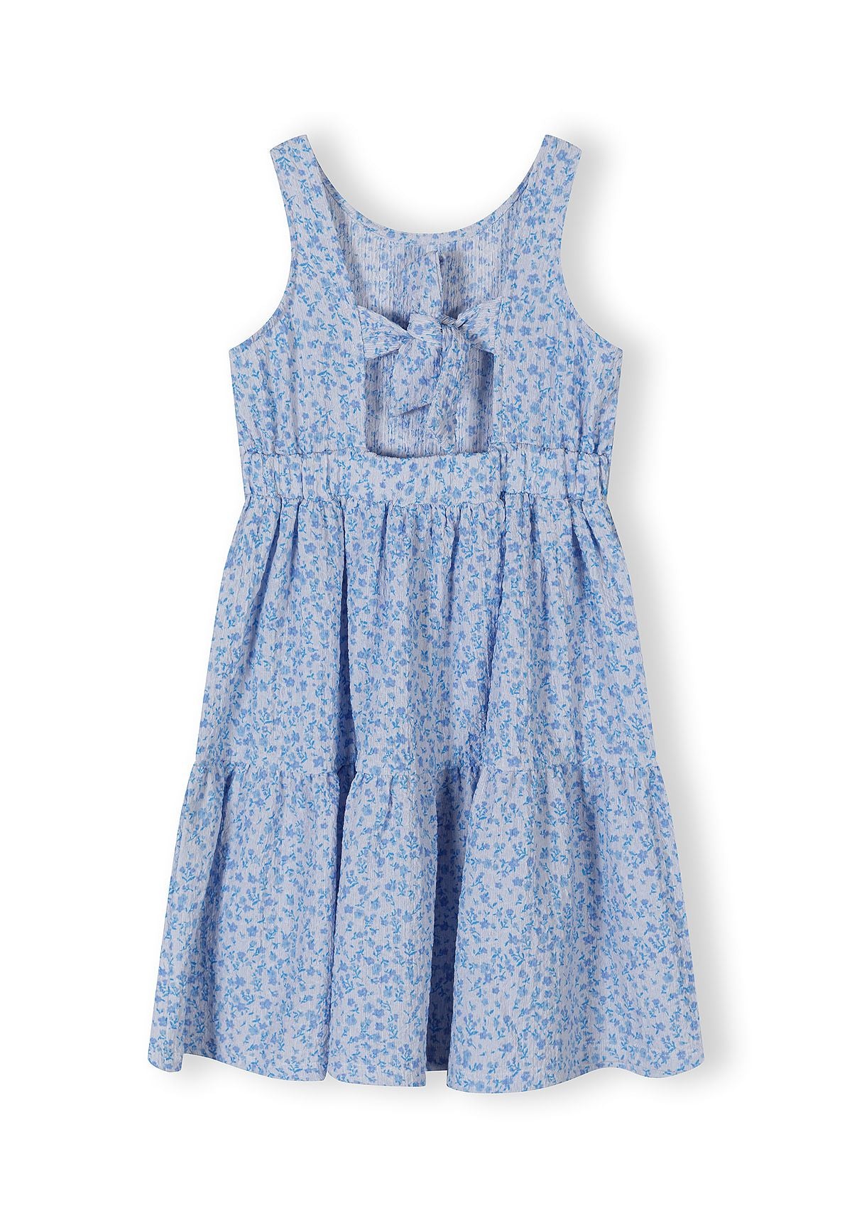 Girls sleeveless blue floral summer dress, tiered design, round neckline.