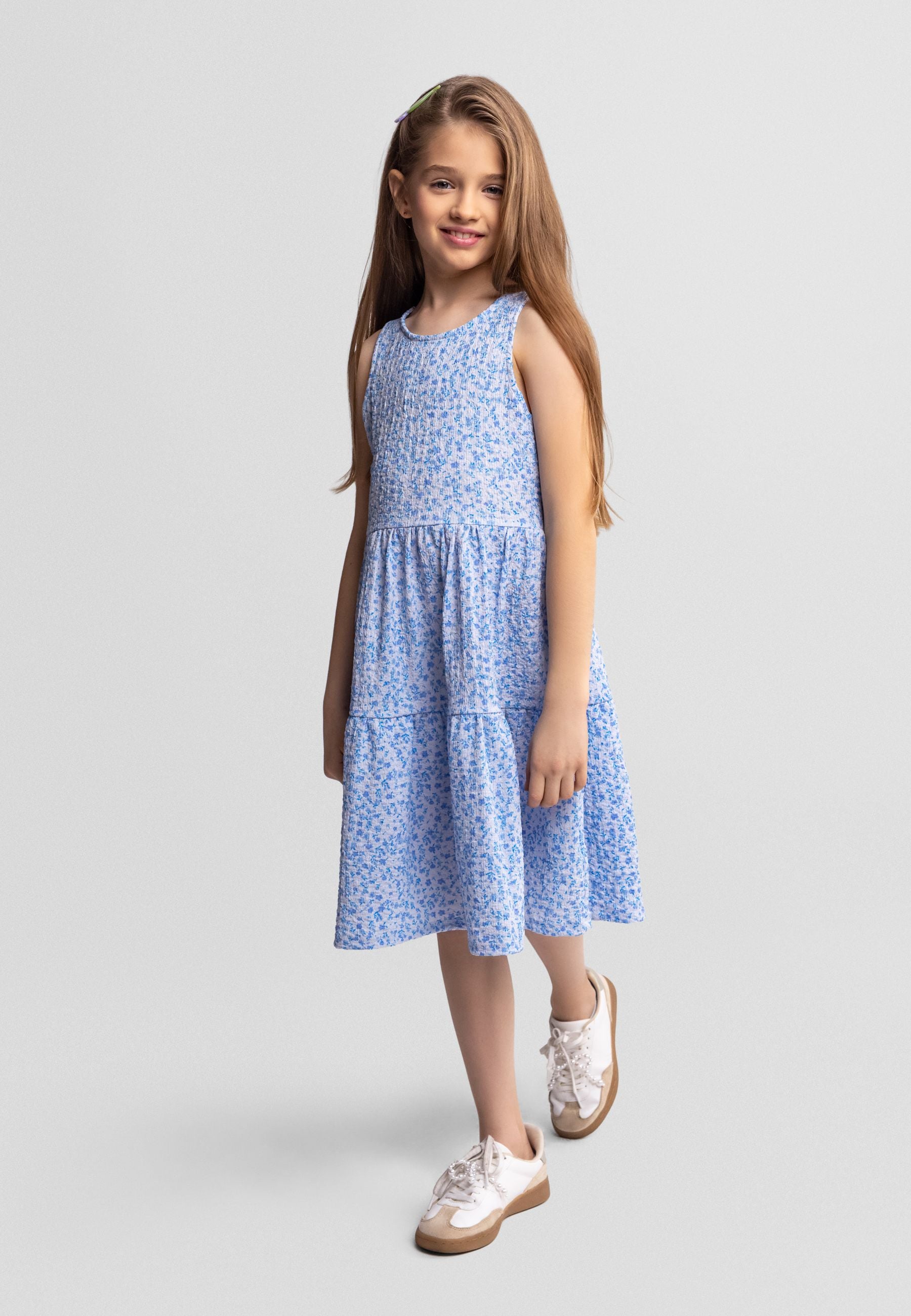 Sleeveless Tiered Dress, Floral Print, Blue - 1