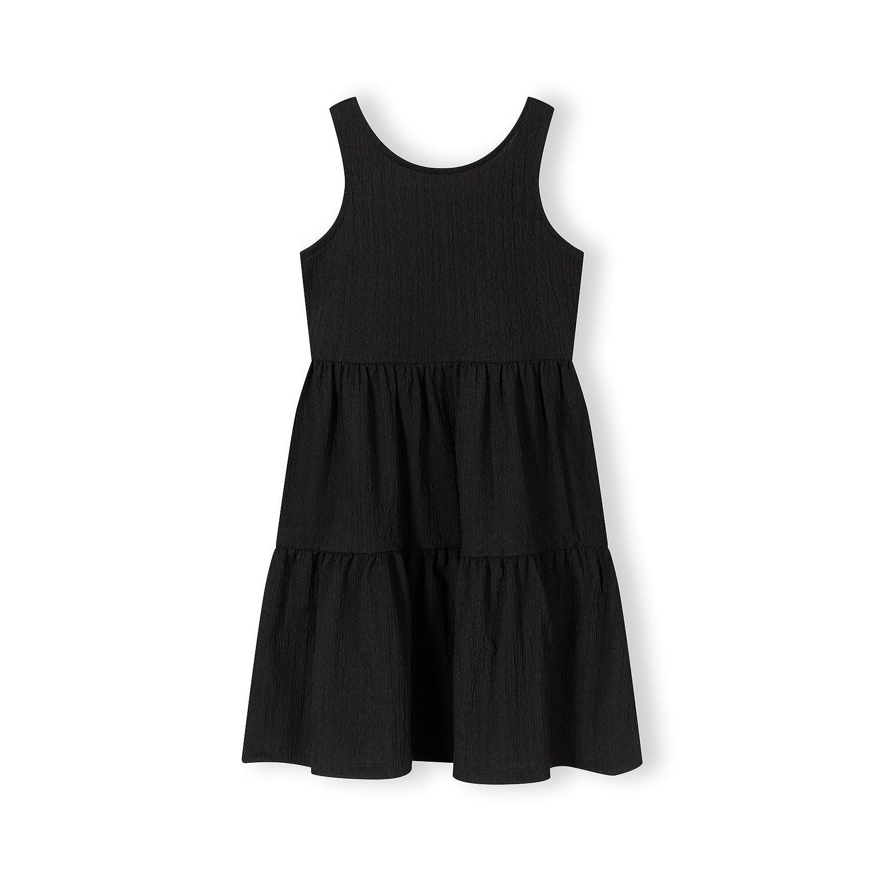 Black tiered sleeveless dress displayed flat on white background showing full length design with gathered waist and multiple tiers