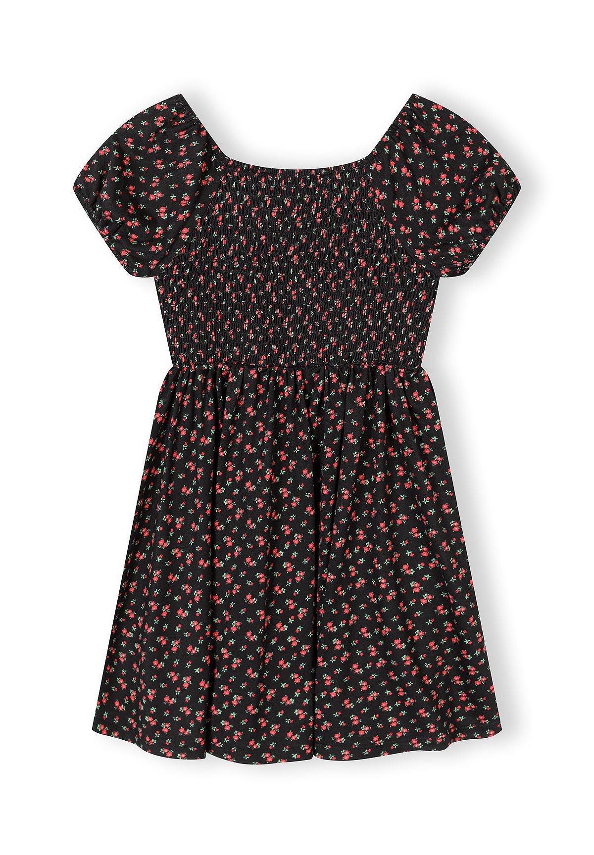 Girls black floral short sleeve dress, back view with structured shearing on bodice.