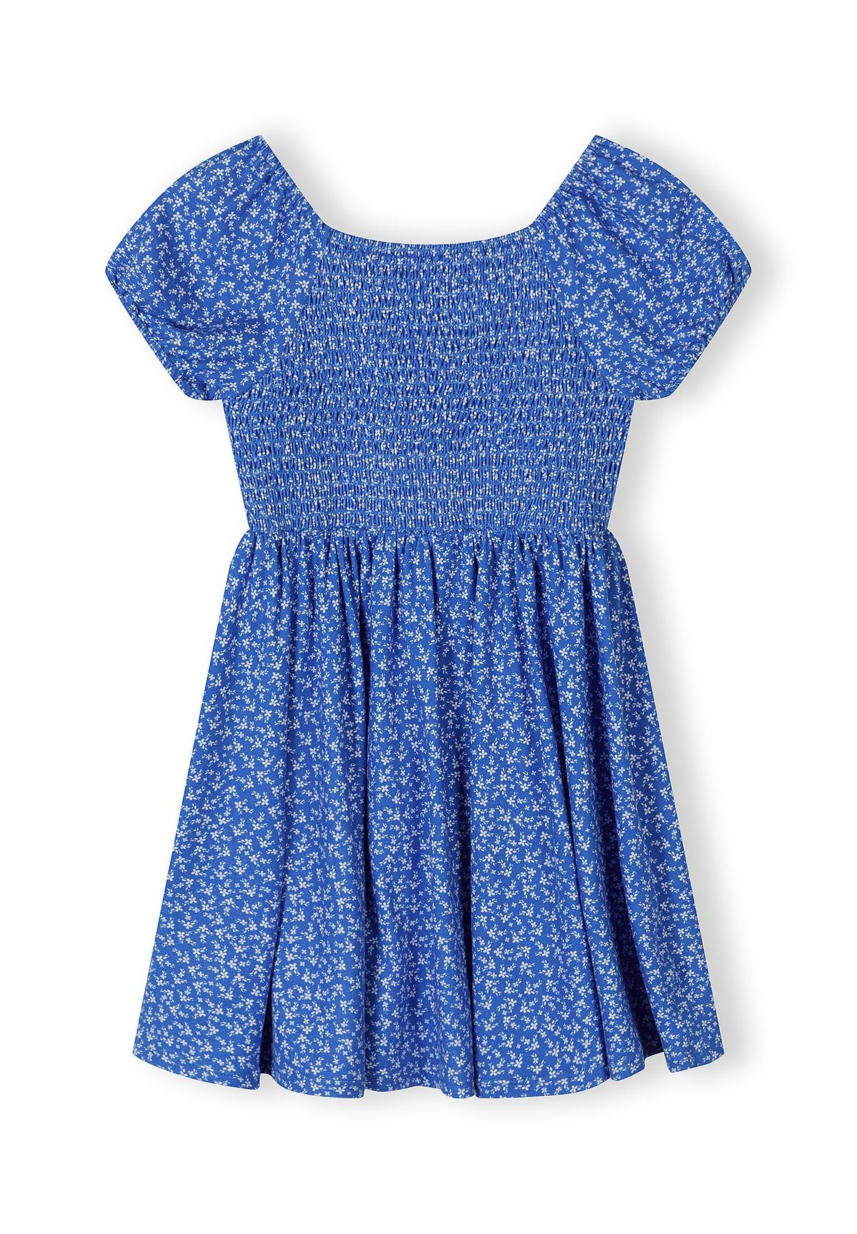 Girls blue floral dress, short sleeves, square neck, elastic back.
