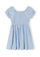 Light blue floral girls dress with short sleeves, square neck, and shirred bodice featuring a charming design.