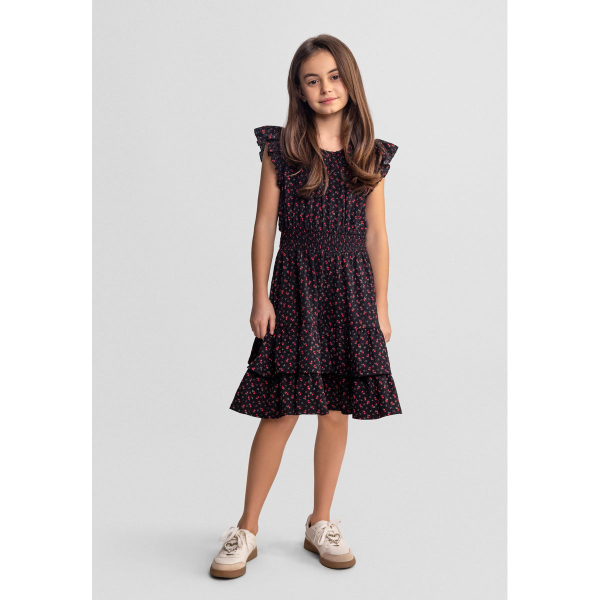 Girls' floral flutter sleeve dress in black and red — complete product view for square Shop card