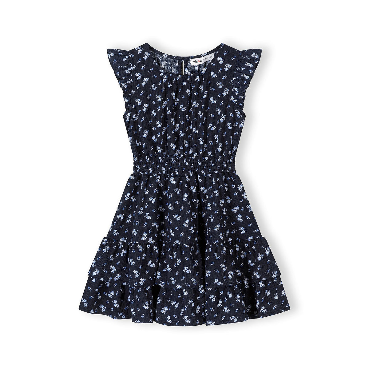 Girls' floral flutter sleeve dress in navy and light blue — complete product view for square Shop card