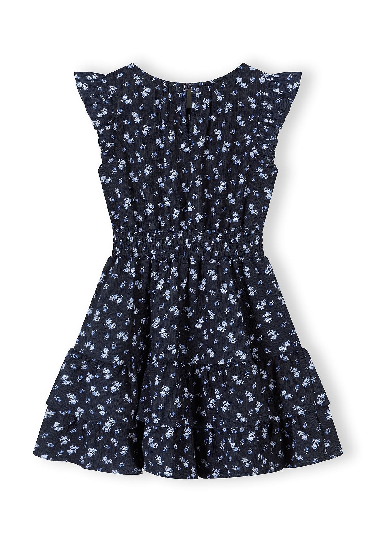 Girls blue floral A-line dress with frill sleeves, back view.