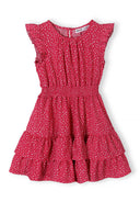 Pink floral tiered dress with frill sleeves and elasticated waist featuring a unique and charming design for girls.