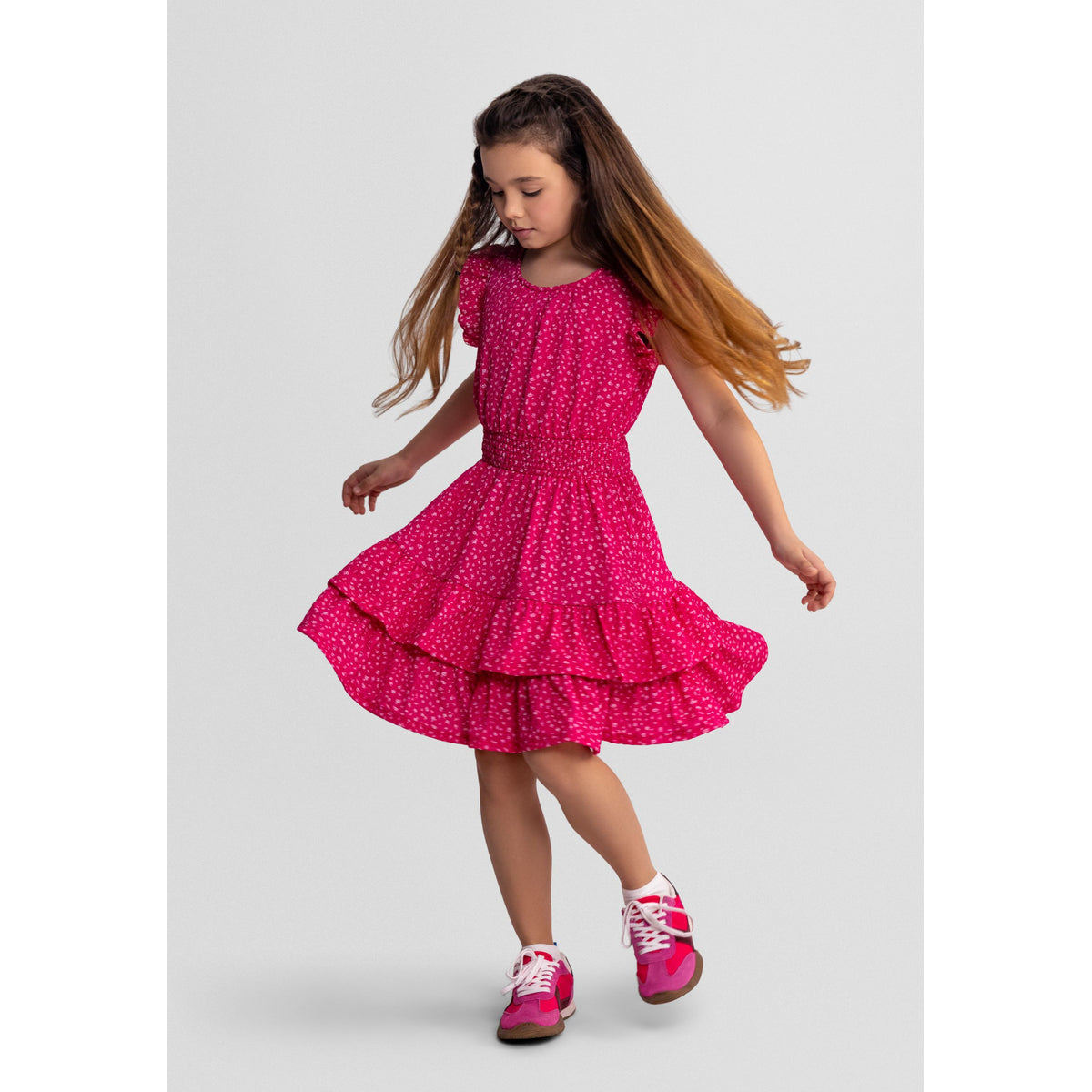 Girls' floral flutter sleeve dress in pink and white — complete product view for square Shop card