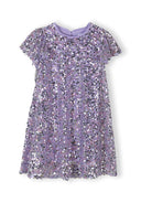 Purple kids dress with multicolour sequins and flared sleeves showcasing a festive, unique design for parties.