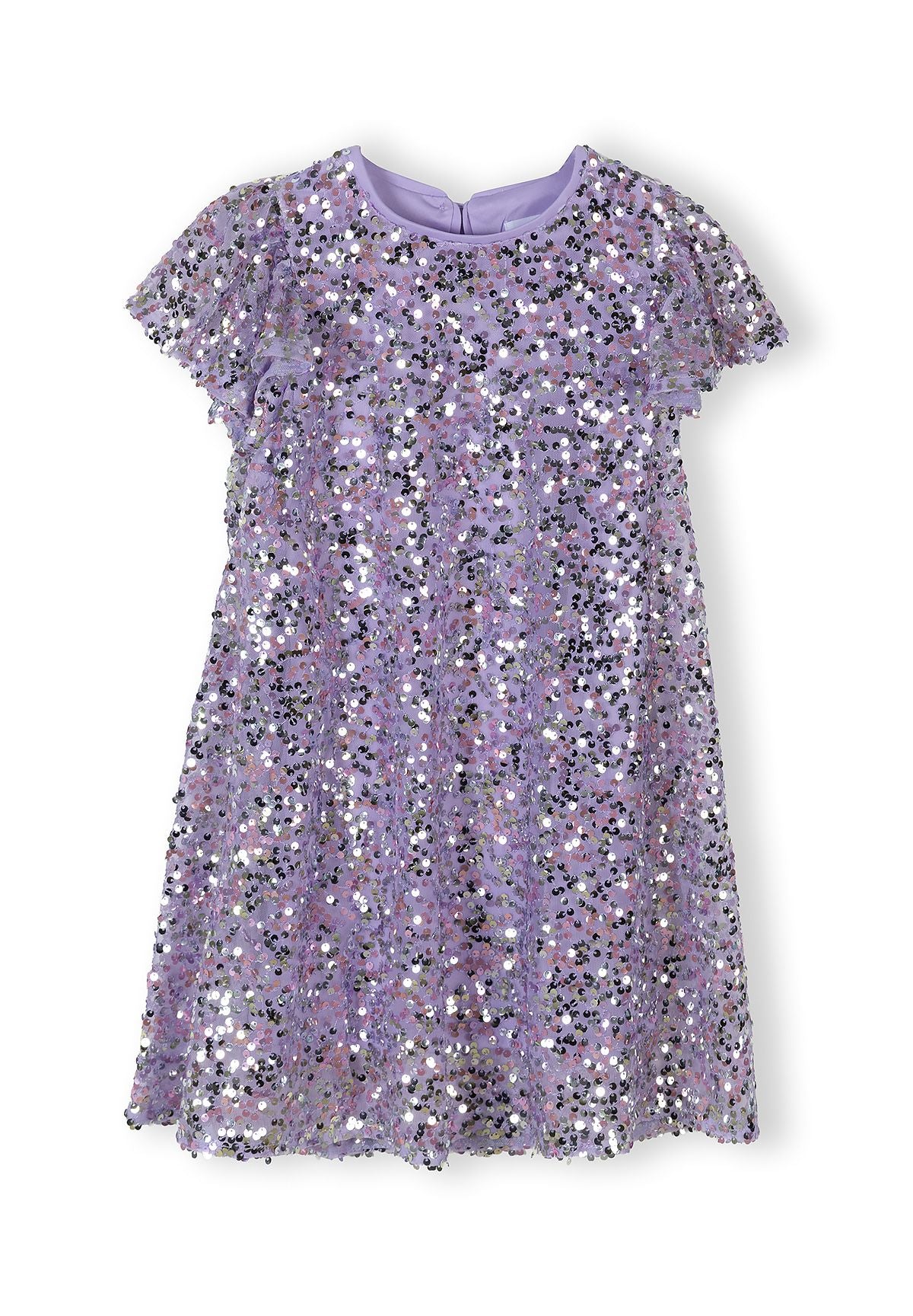Girls a-line sequin dress with short sleeves, multicolour detail, front view.