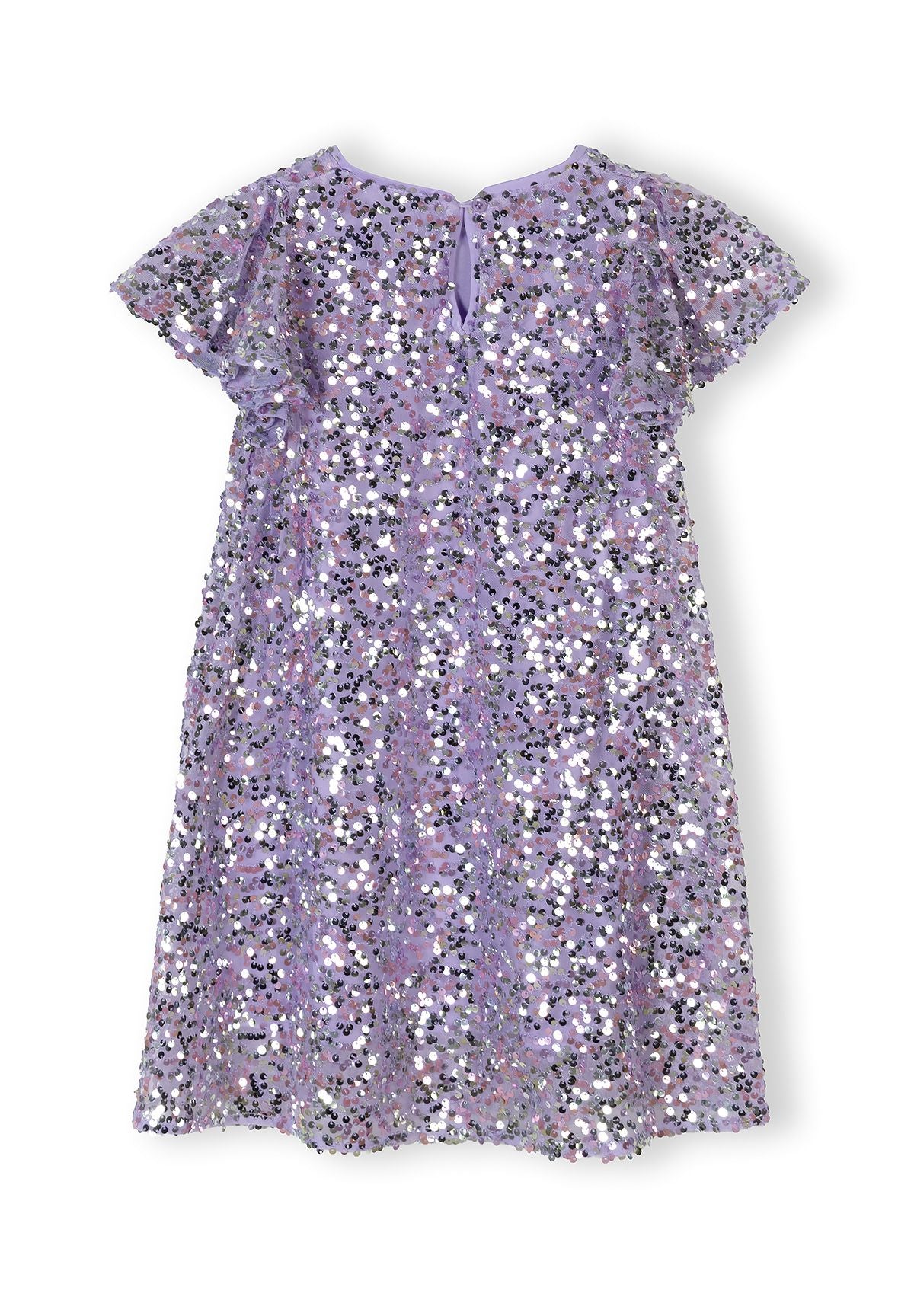 Back view of a girls' a-line sequin dress with multicolour sequins and short sleeves.