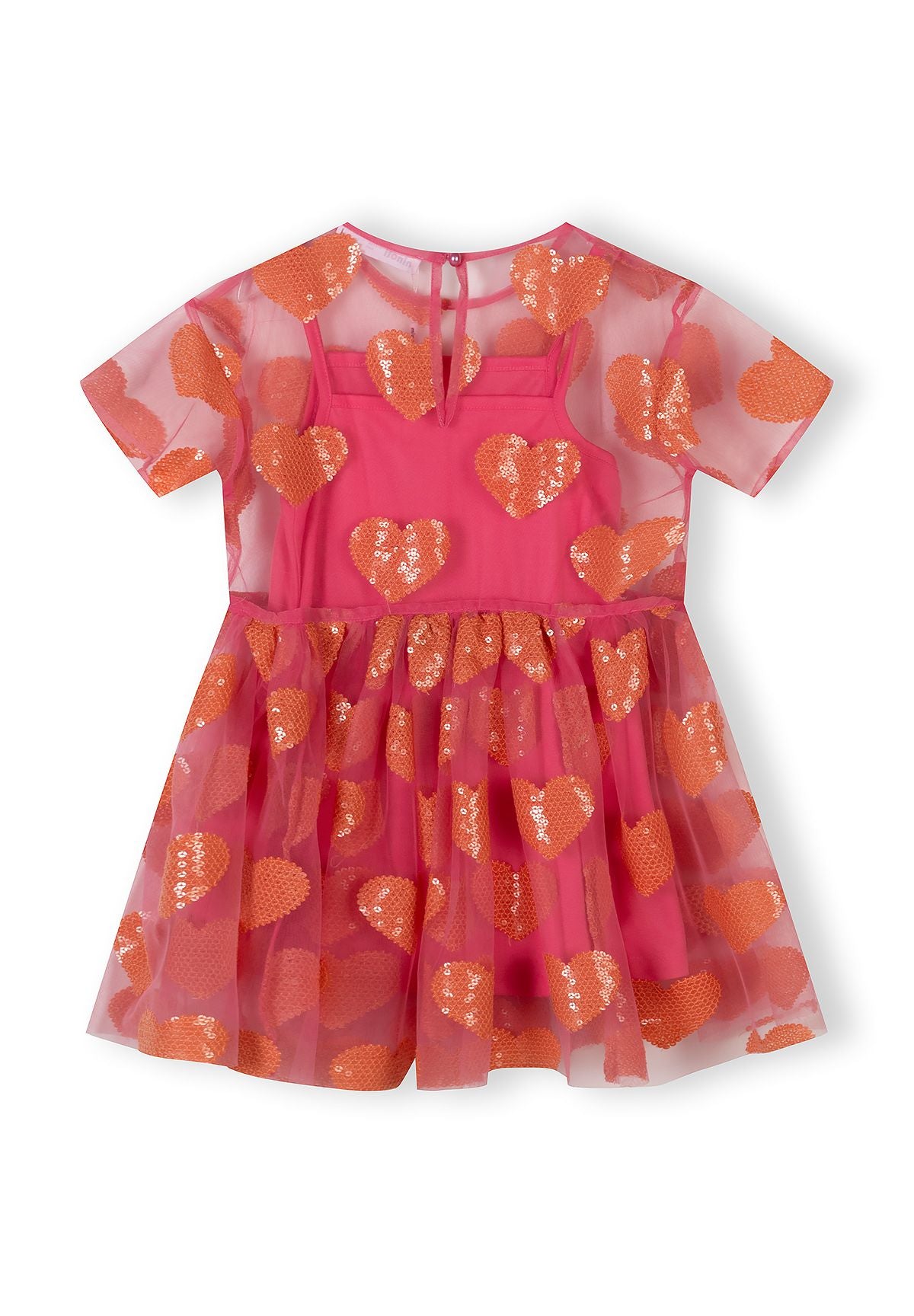 Girls pink sleeveless party dress with tulle overlay and heart sequins, back view.