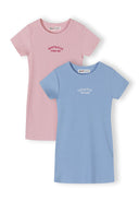 Two ribbed short sleeve dresses in pink and blue, featuring rounded necklines.