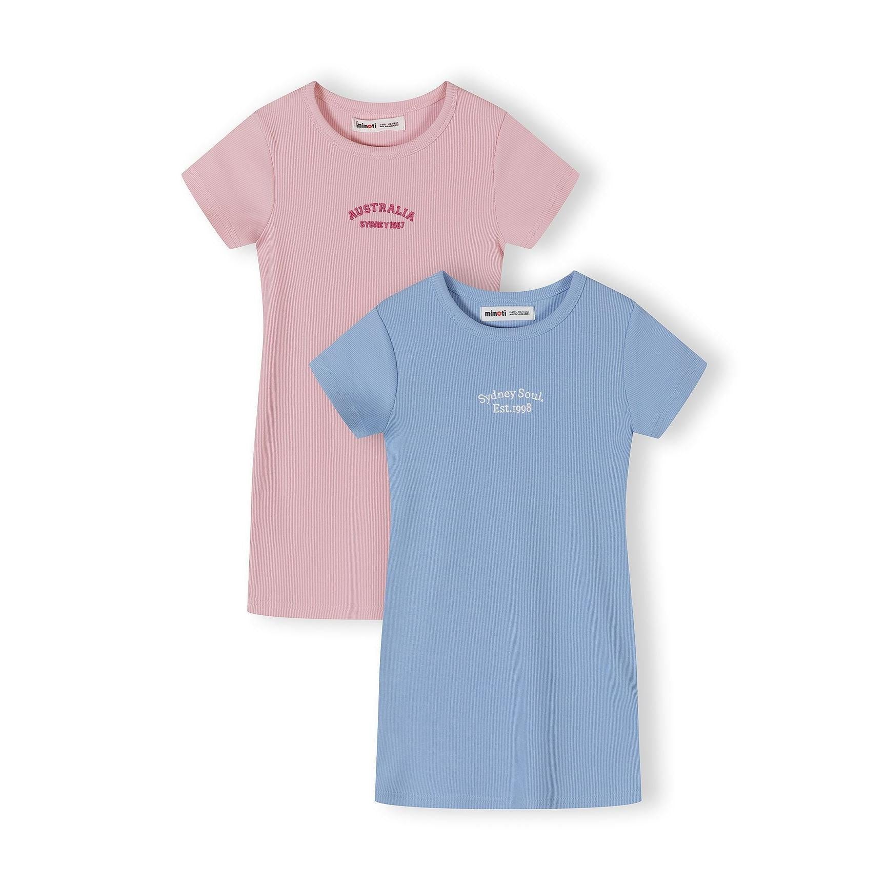 Two ribbed mini dresses displayed against white background, one pink with Australia Sydney 1987 embroidery and one blue with Sydney Soul text