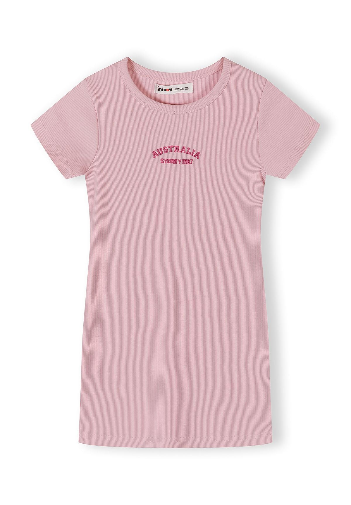 Girls short sleeve ribbed dress in pink with rounded neckline and logo detail.