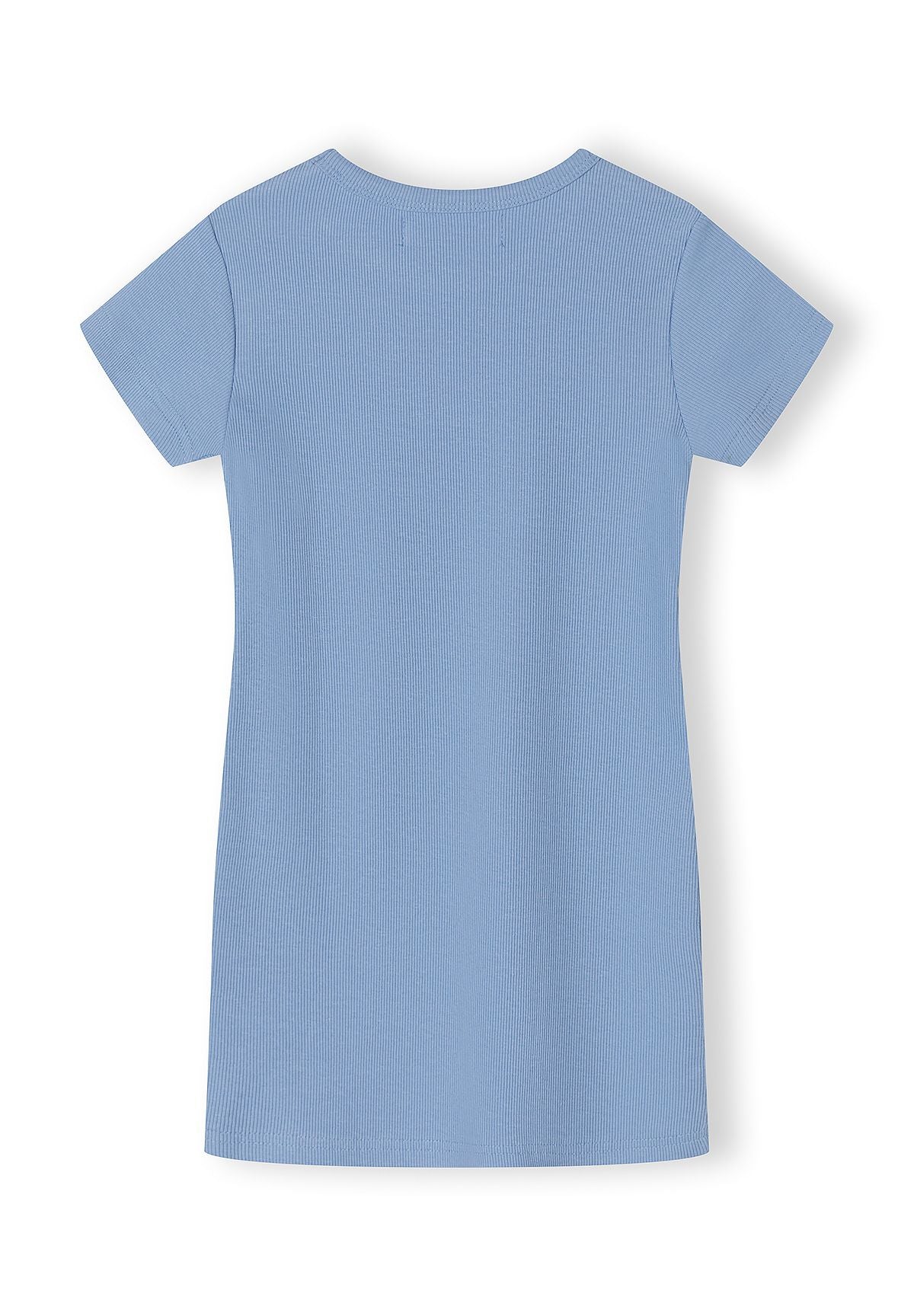 Back view of a girls' ribbed short sleeve dress in blue, featuring a rounded neckline.