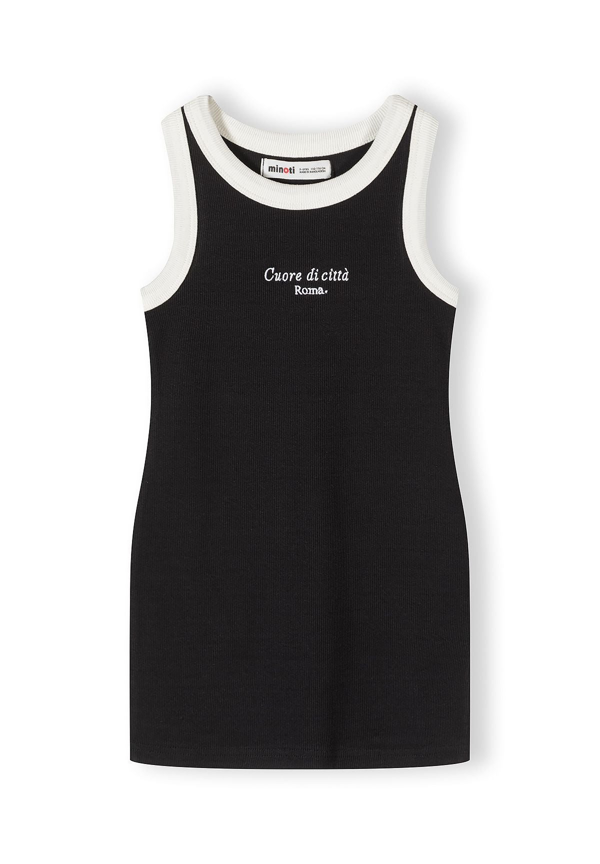 Girls sleeveless black ribbed jersey dress with white trim and logo detail, front view.