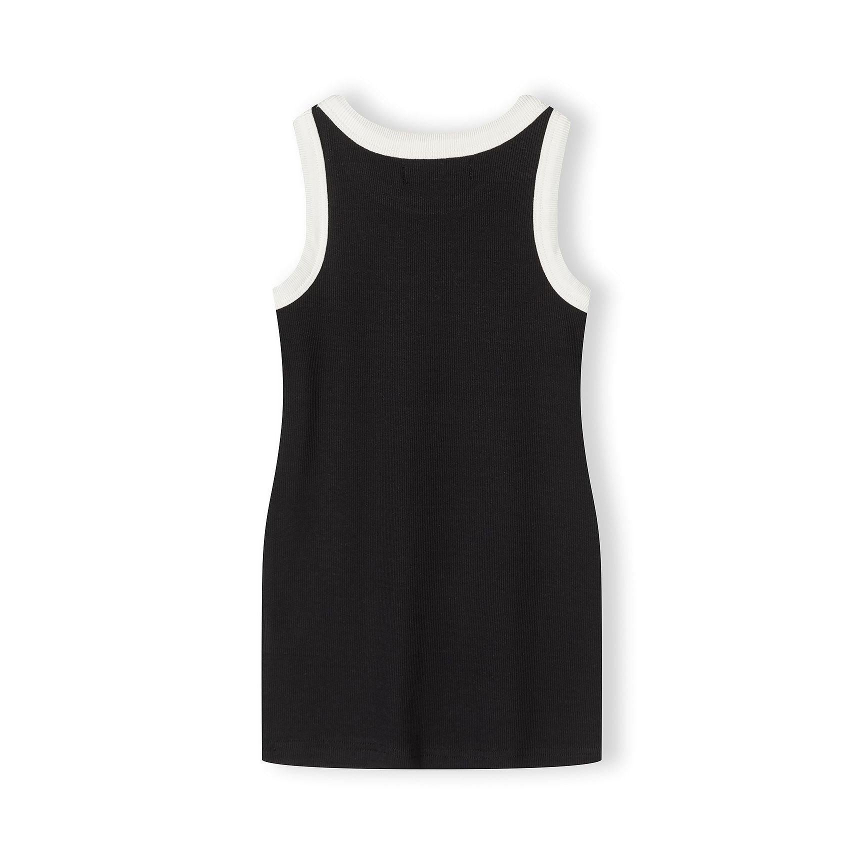 Close-up of white tank dress with black horizontal stripes showing ribbed jersey texture and sleeveless design on white background