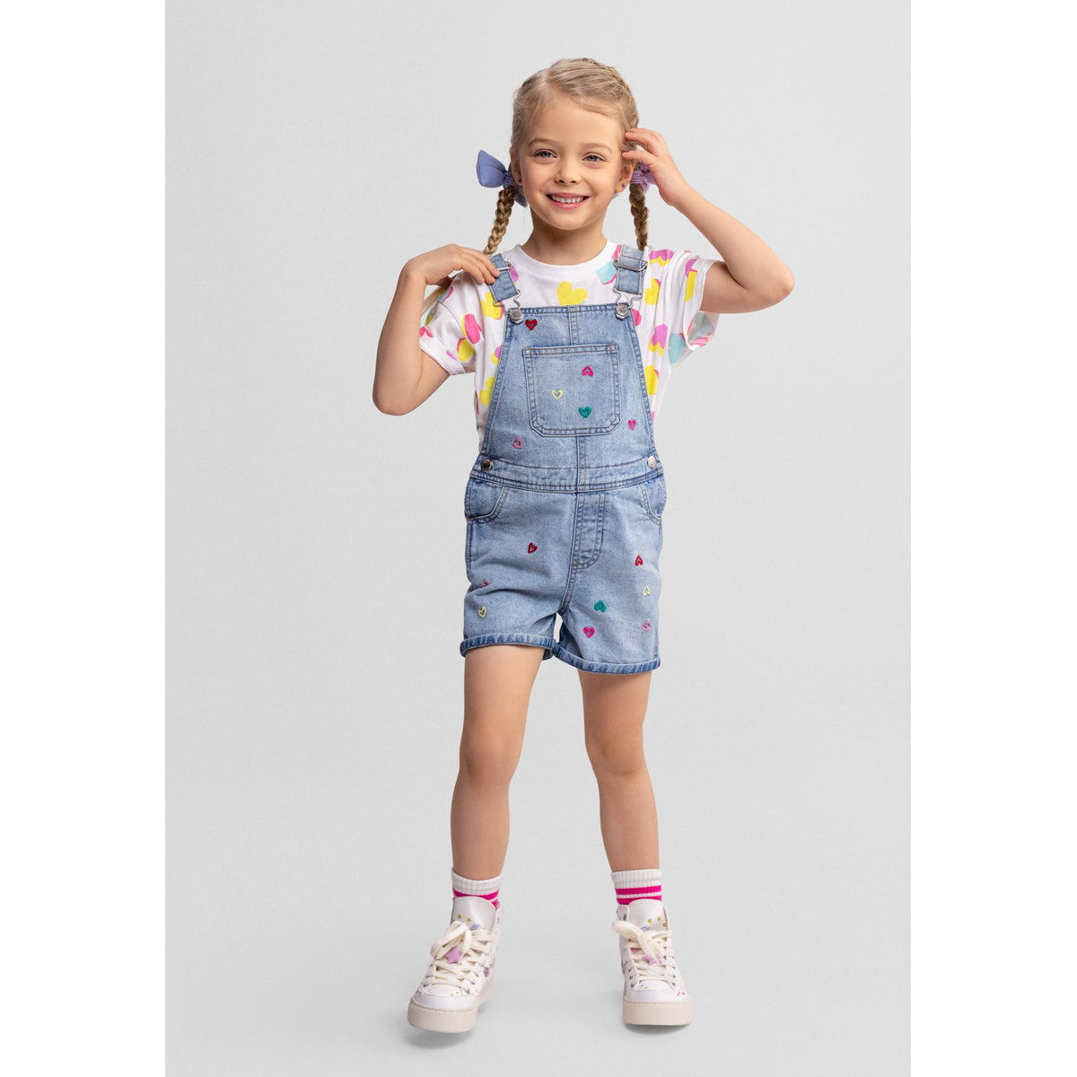 Girls' embroidered denim short dungarees in light blue — complete product view for square Shop card