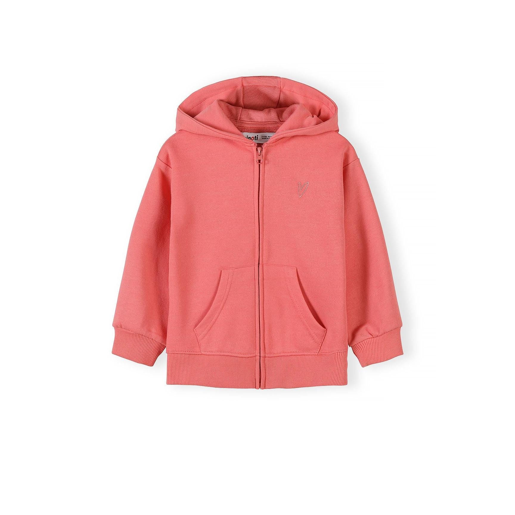 Close-up front view of coral pink hoodie with zip front, hood, and kangaroo pocket, on white background
