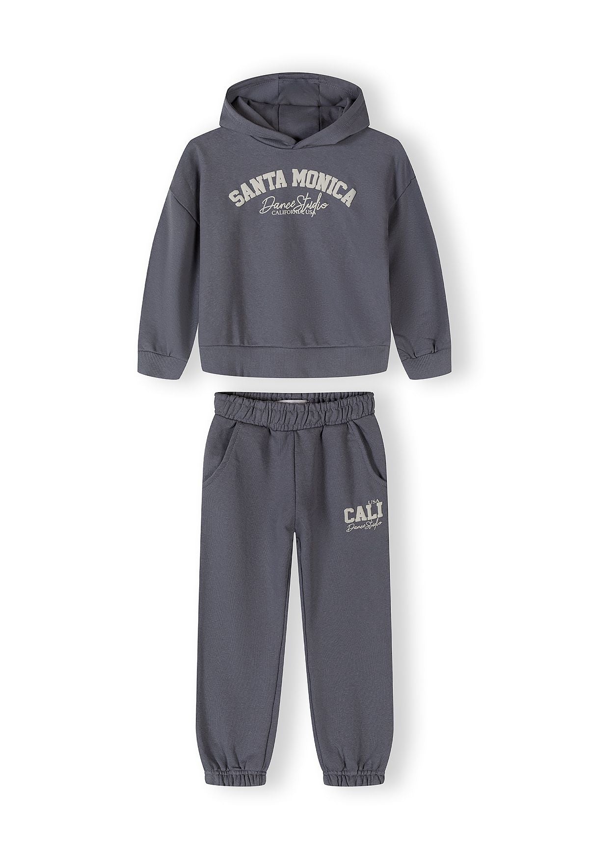 Girls' blue-grey hooded tracksuit with tapered trousers, featuring logo prints.