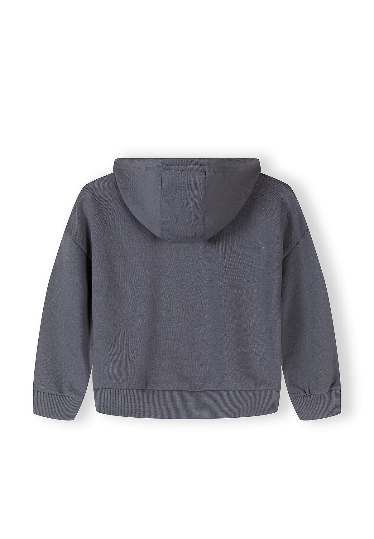 Back view of a girls' hooded tracksuit in muted blue-grey with elasticated hem.
