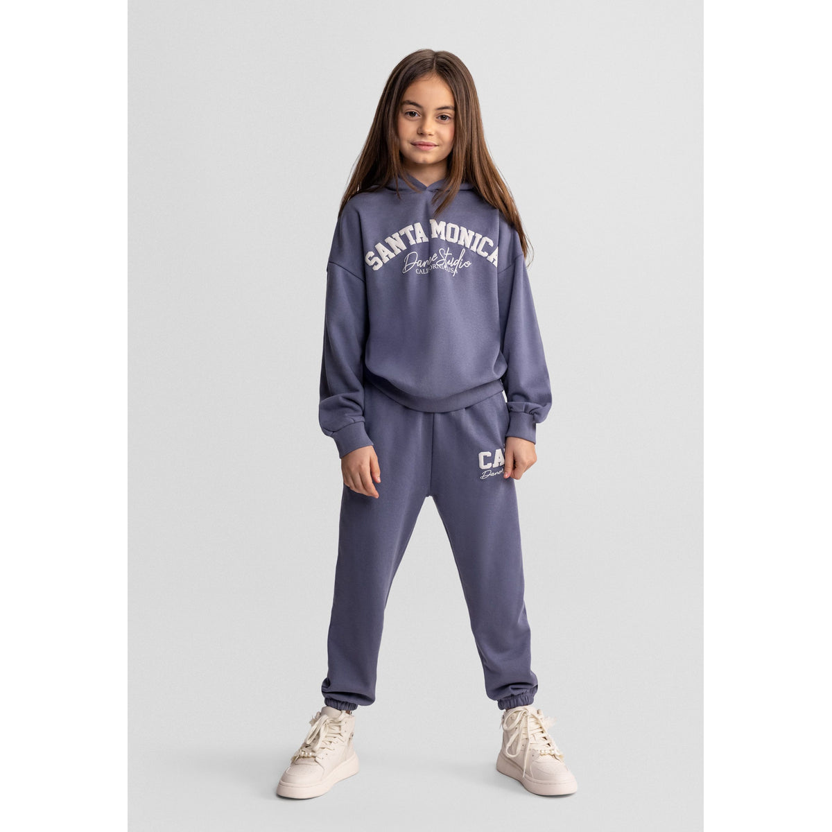 Girls' hoodie and joggers set in blue grey — complete product view for square Shop card