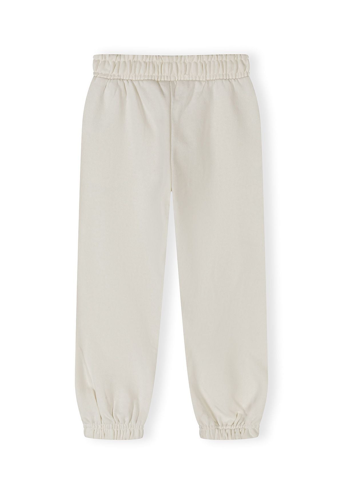 Detail of off-white joggers with elasticated cuffs and waistband.