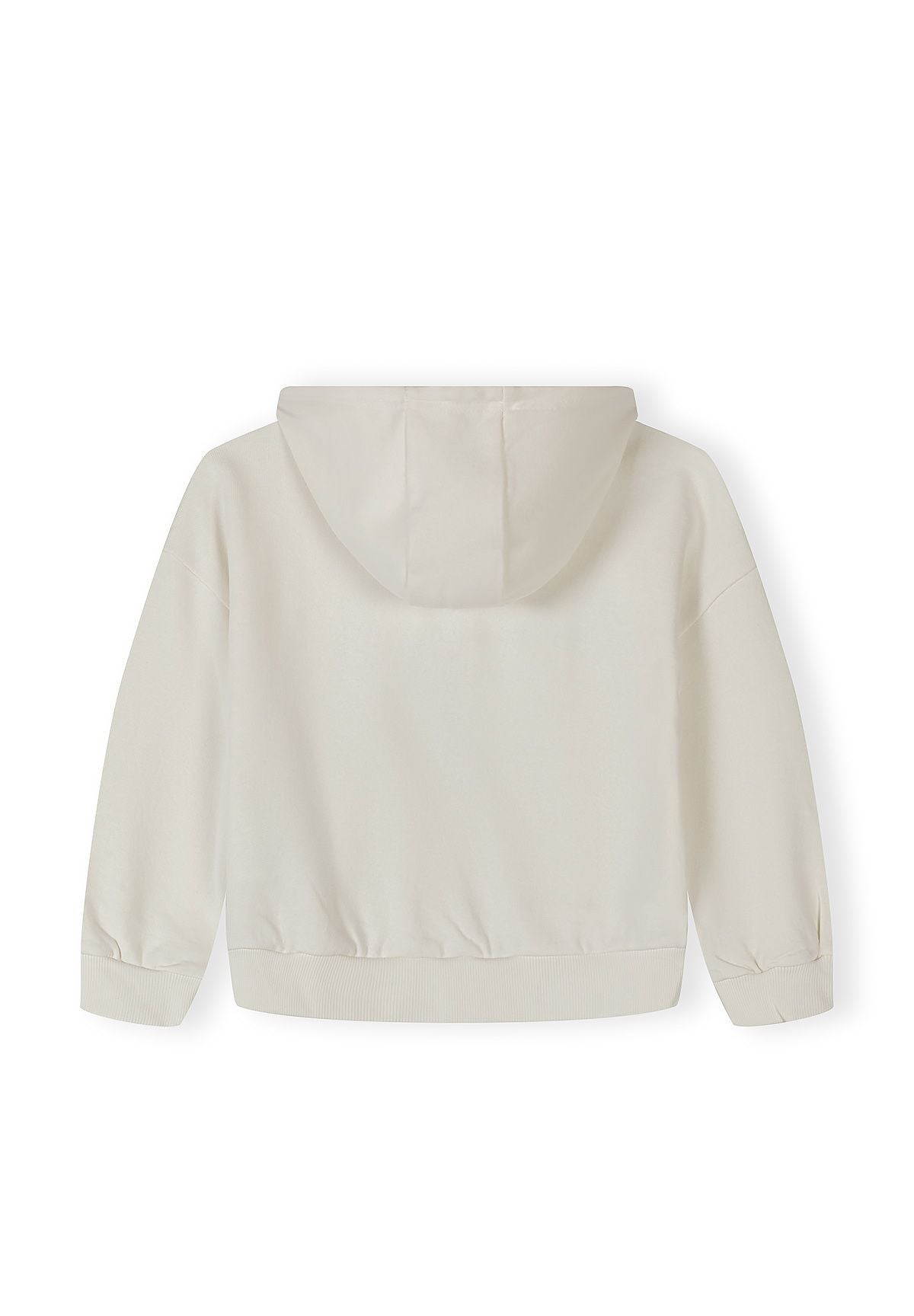 Back view of an off-white hooded girls' tracksuit top with elasticated cuffs.
