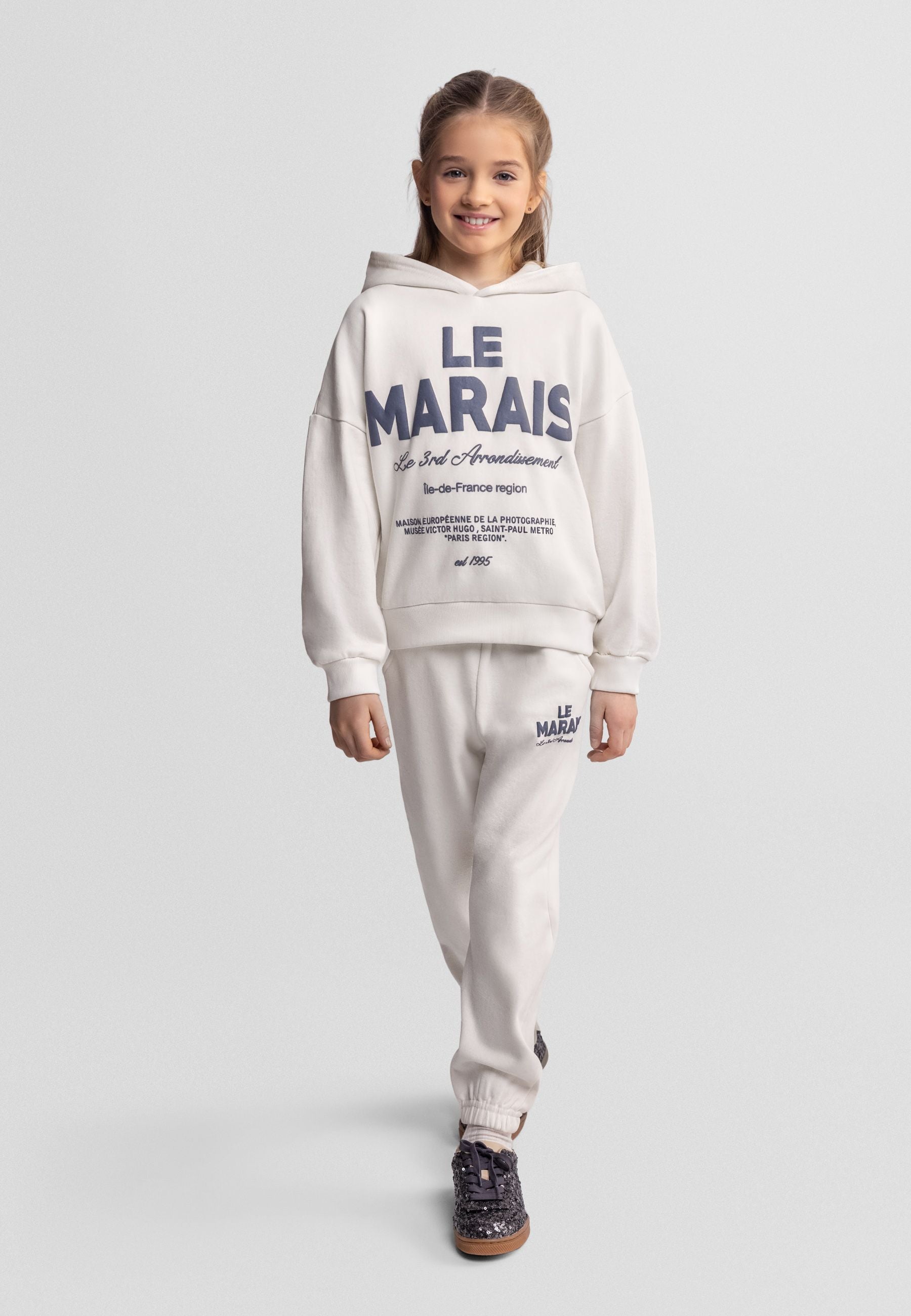 Hooded Tracksuit Set, Off White, Text Print - 1