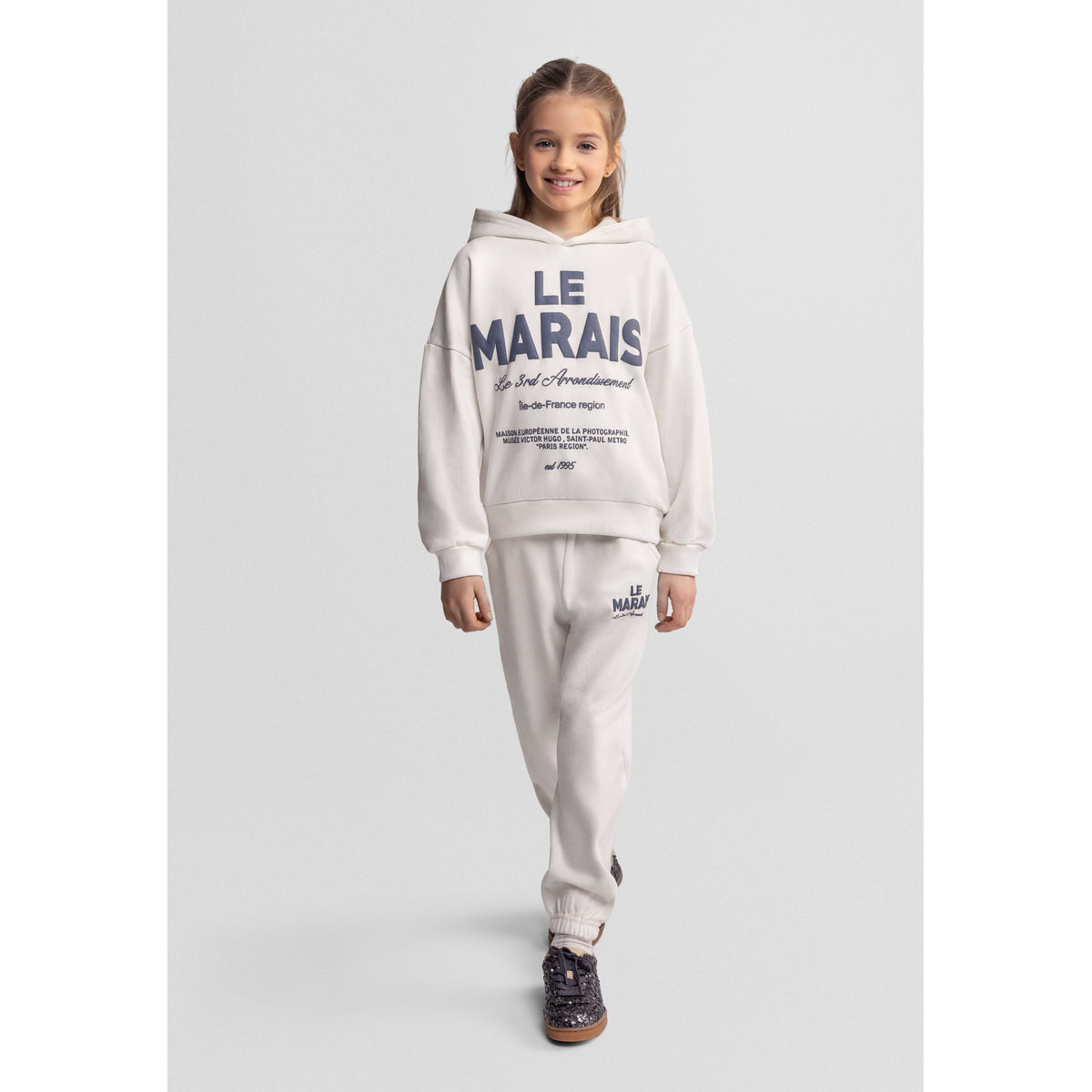 Girls' hoodie and joggers set in cream — complete product view for square Shop card