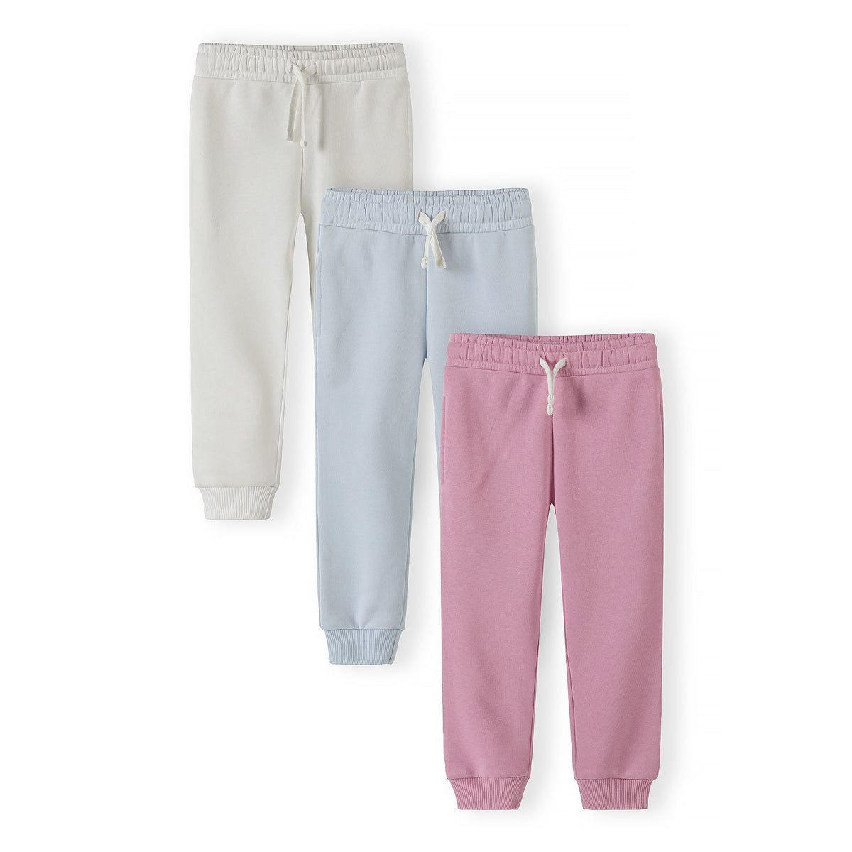 Girls' joggers 3-pack in cream, light blue and pink — complete product view for square Shop card
