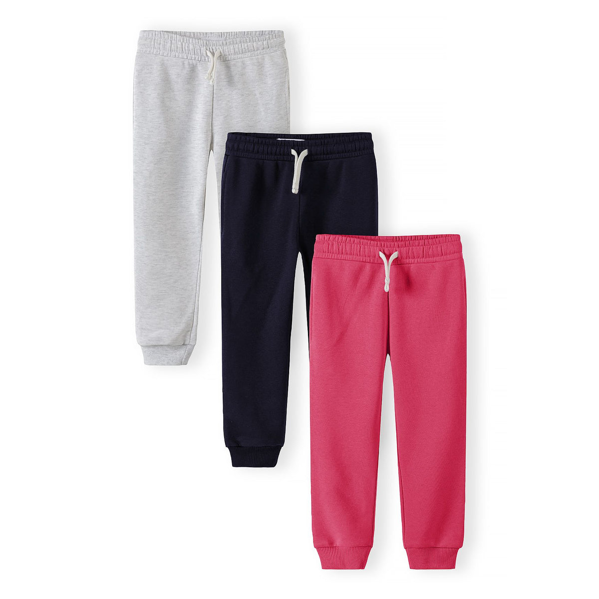 Girls' joggers 3-pack in light grey marl, navy and dark pink — complete product view for square Shop card