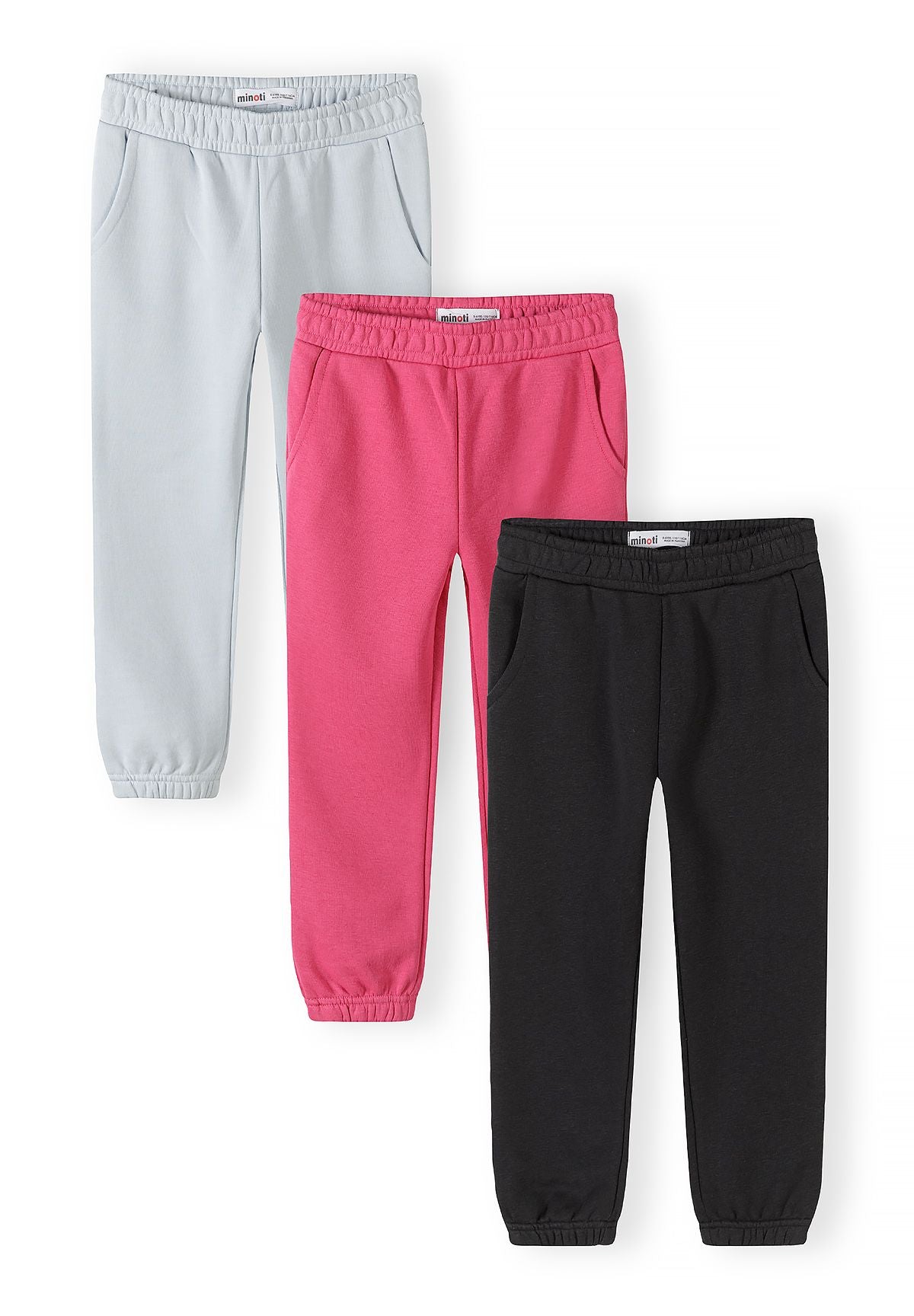 Light blue, pink and black joggers, three joggers front.