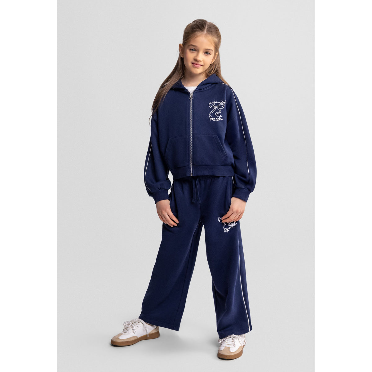 Girls' zip hoodie and wide leg trousers set in navy — complete product view for square Shop card