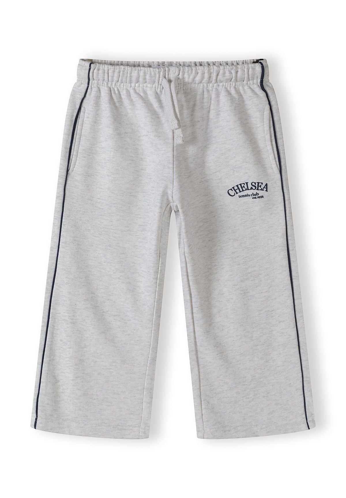 Detail of grey marl wide-leg jogging trousers with side pockets and adjustable waistband.