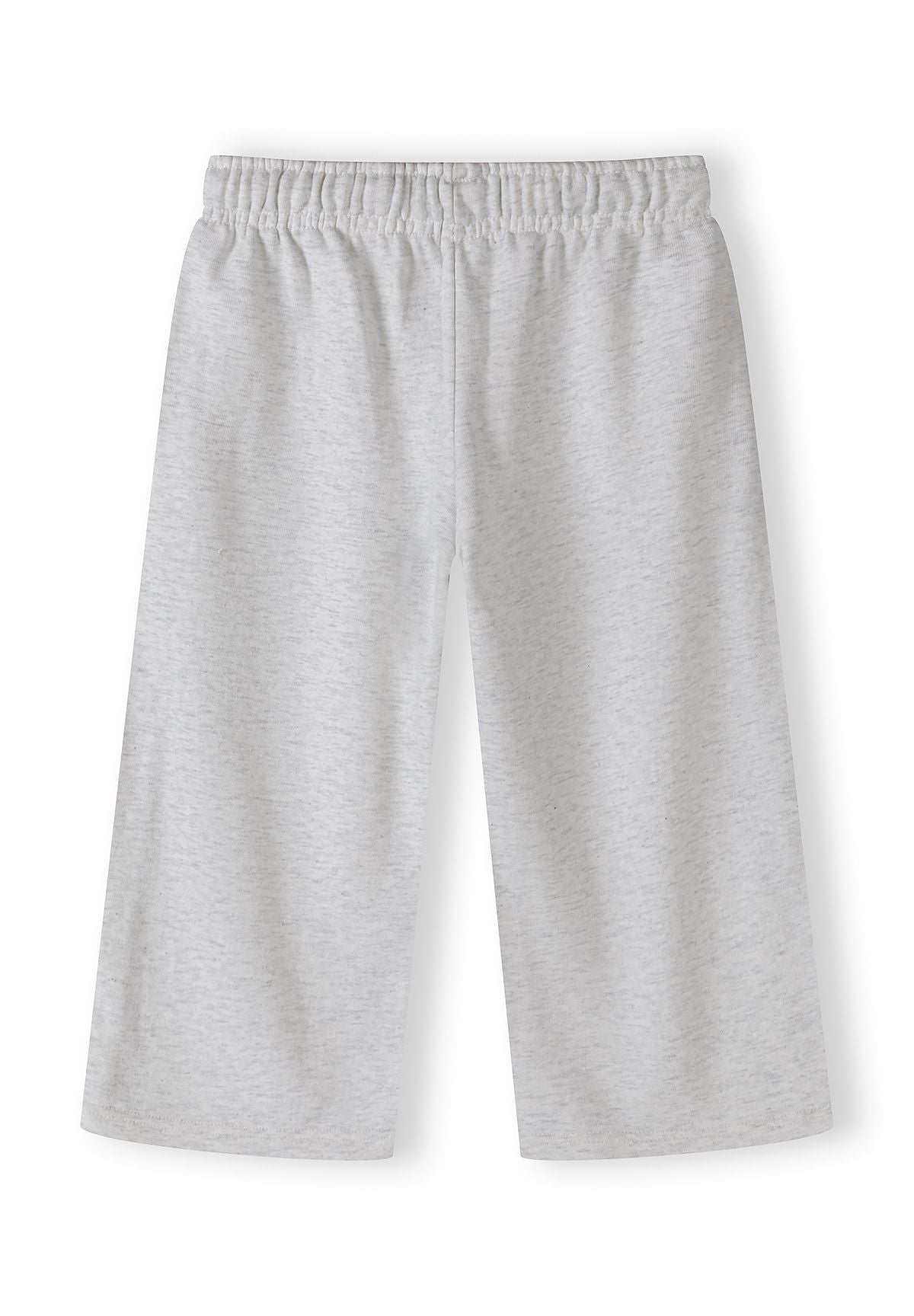 Detail of girls' grey marl jogging trousers with elastic waistband.