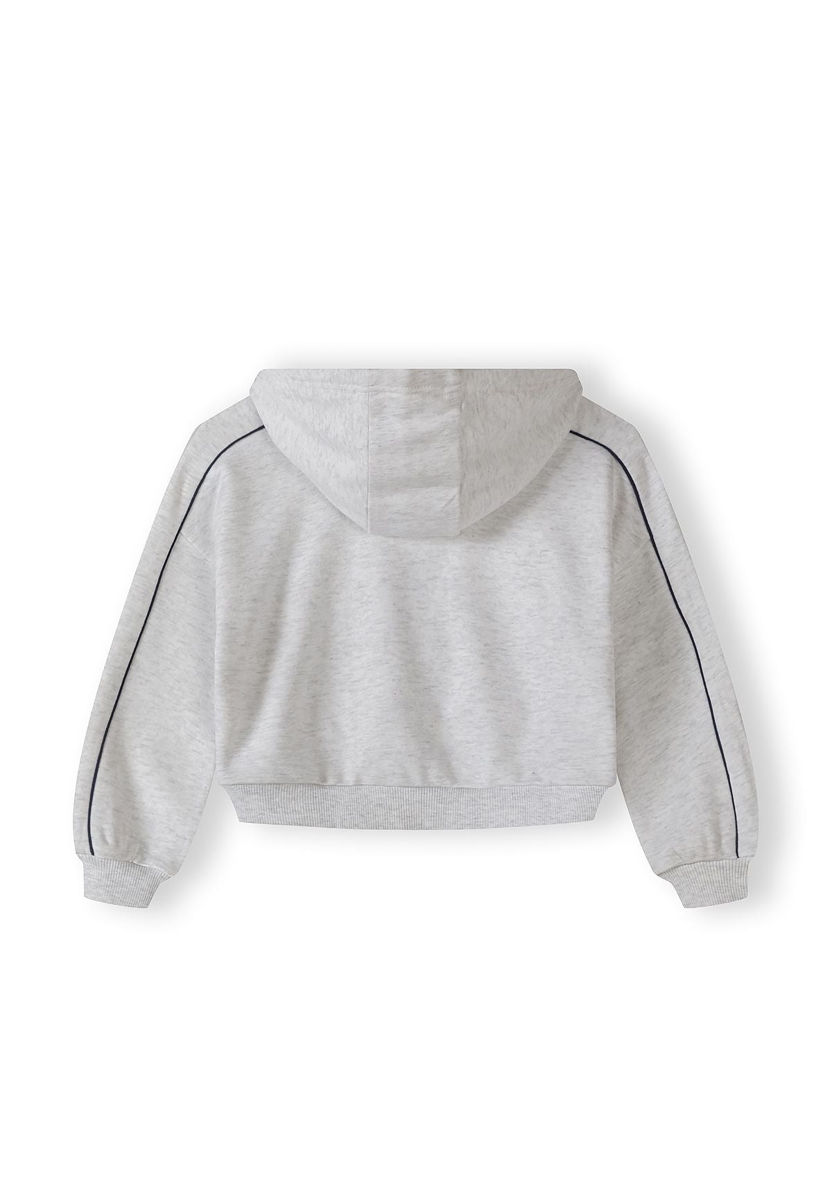 Back view of a grey marl girls' tracksuit jacket with hood and ribbed hem.