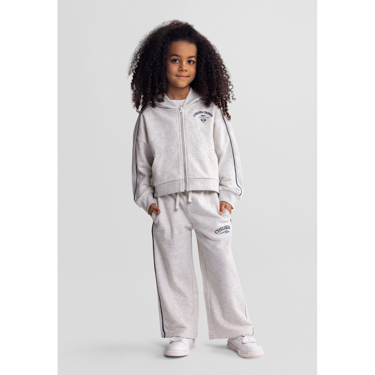 Girls' zip hoodie and wide leg trousers set in light grey marl — complete product view for square Shop card