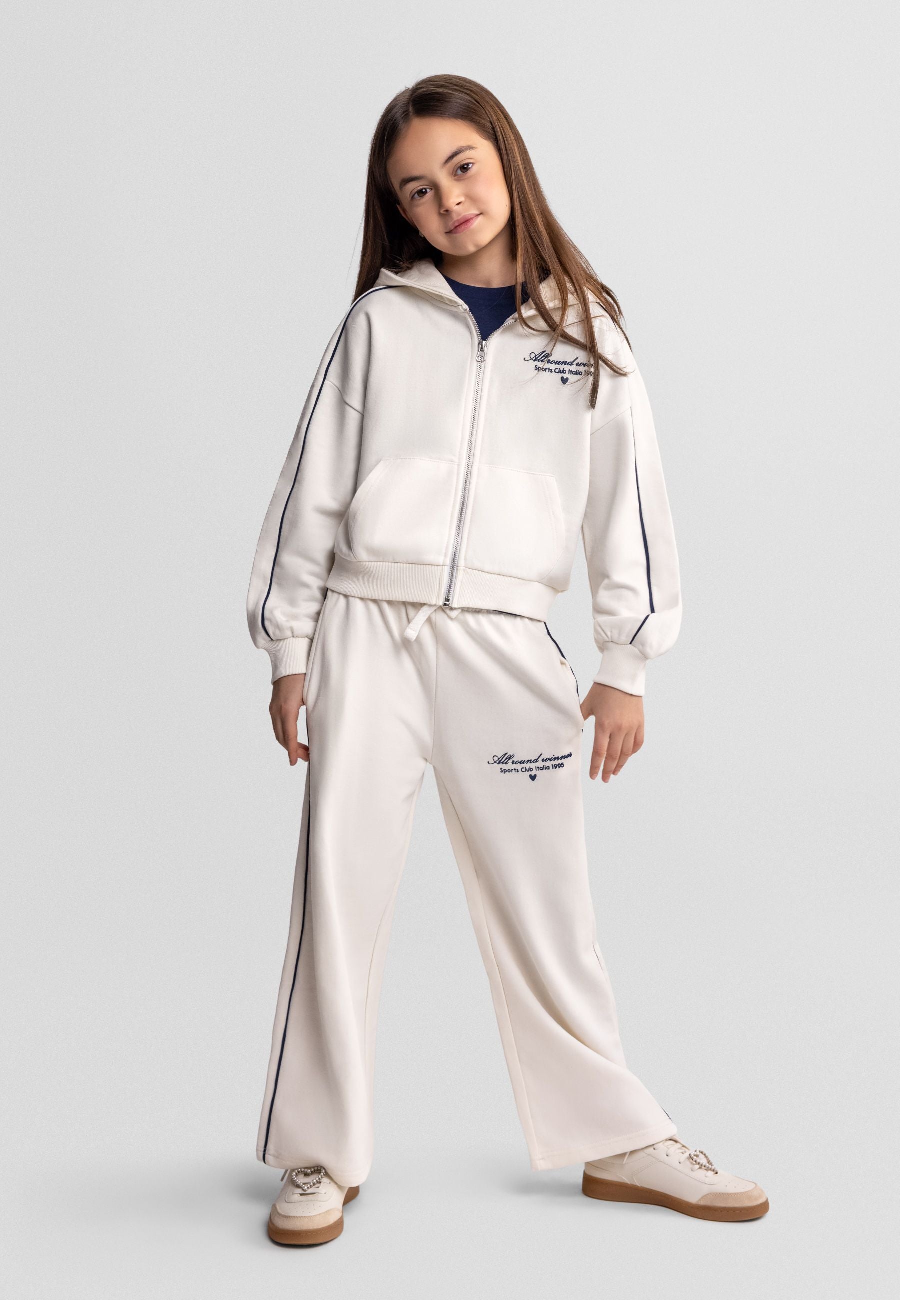 Zip Hoodie & Wide Leg Trouser Set, Beige, Piping - 1