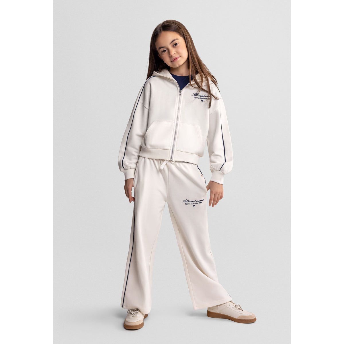 Girls' zip hoodie and wide leg trousers set in cream — complete product view for square Shop card