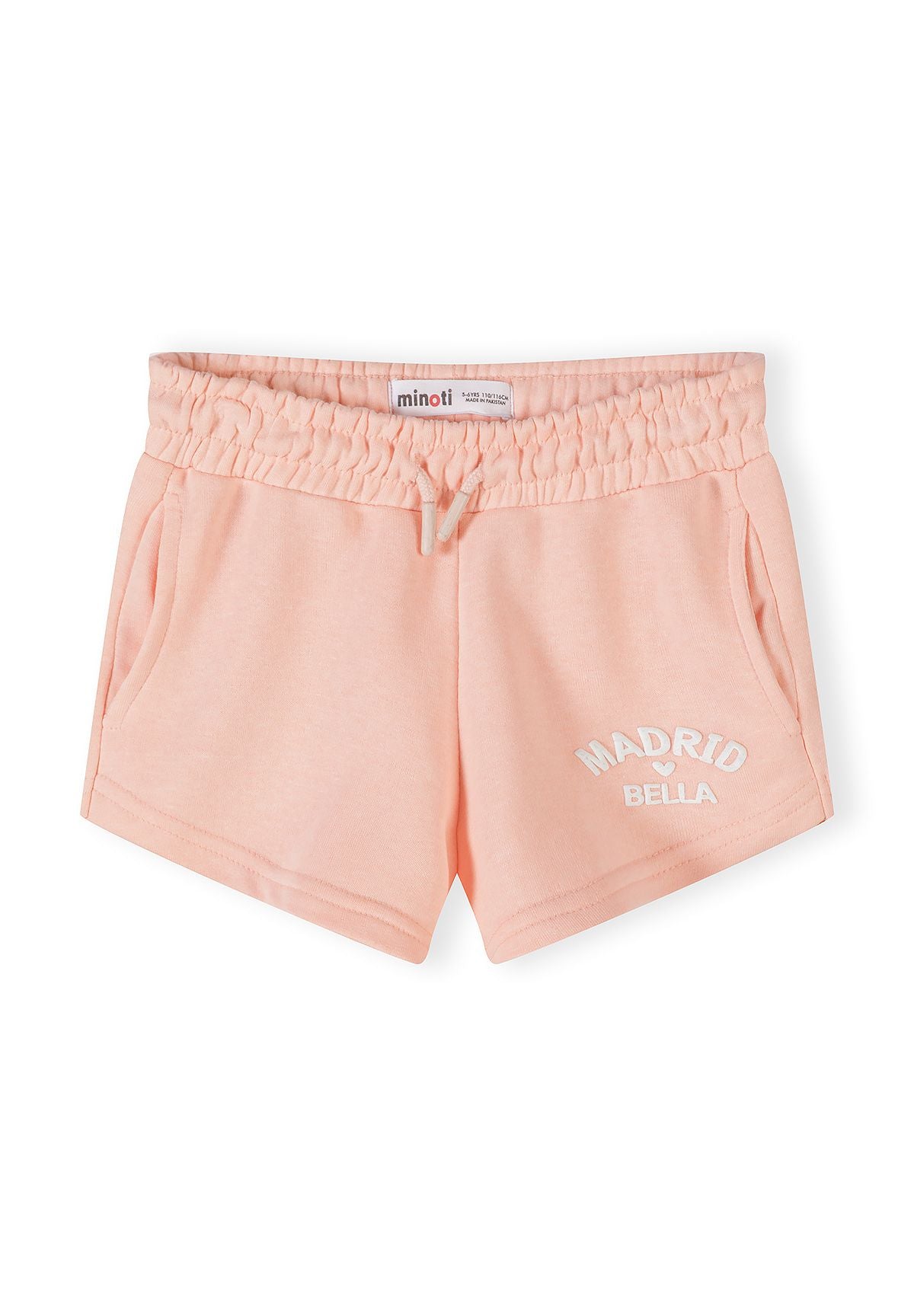 Peach sweatshirt and shorts set, shorts front.