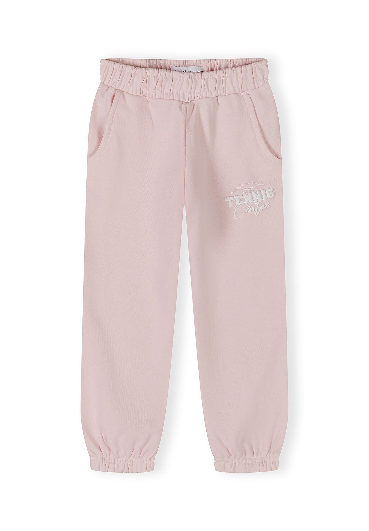 Light pink joggers with elasticated waistband and side pockets.