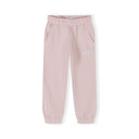 Close-up detail of light pink joggers showing elasticated waistband, side pocket and Tennis Camps print on leg