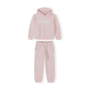 Close-up detail of light pink joggers showing elasticated waistband, side pocket and Tennis Camps print on leg