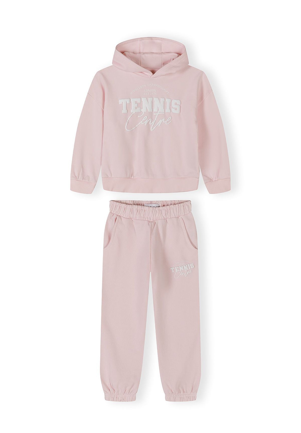 Girls light pink tracksuit with hooded sweatshirt and joggers, featuring elasticated cuffs and waistband.